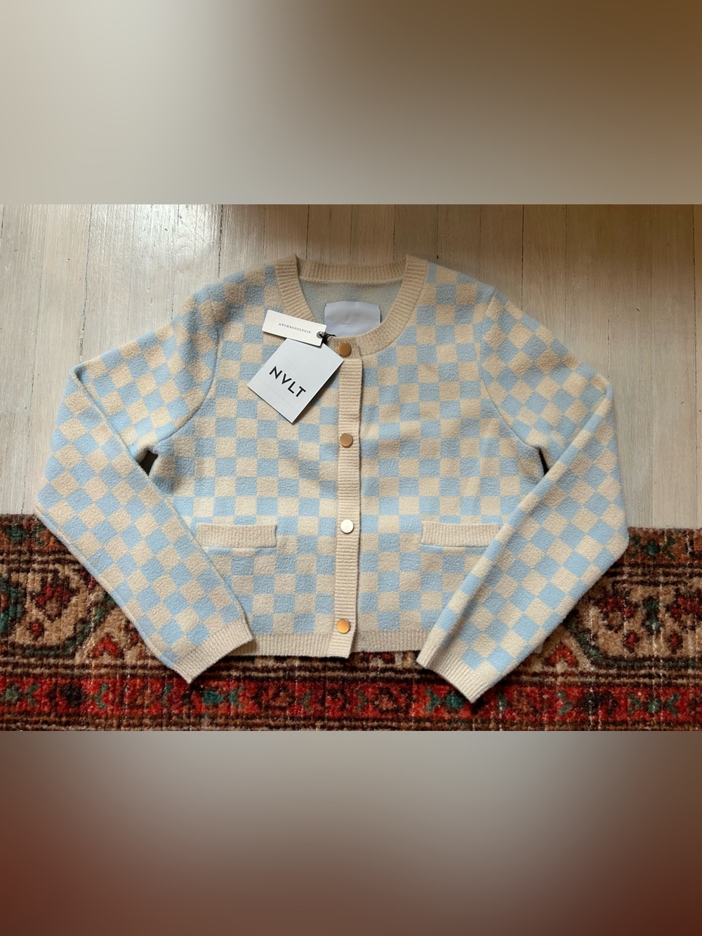 NVLT women’s ' Blue & Cream Checker Knit Cardigan